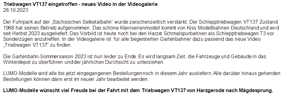 Triebwagen VT137 eingetroffen - neues Video in der Videogalerie
28.10.2023

