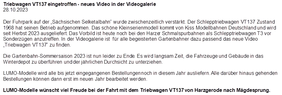 Triebwagen VT137 eingetroffen - neues Video in der Videogalerie
28.10.2023

