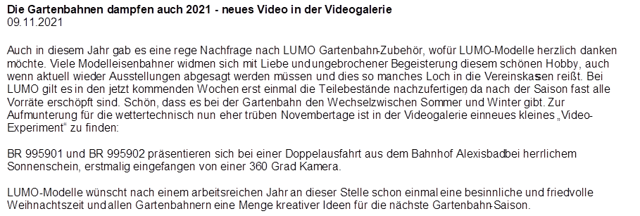 Die Gartenbahnen dampfen auch 2021 - neues Video in der Videogalerie
09.11.2021

